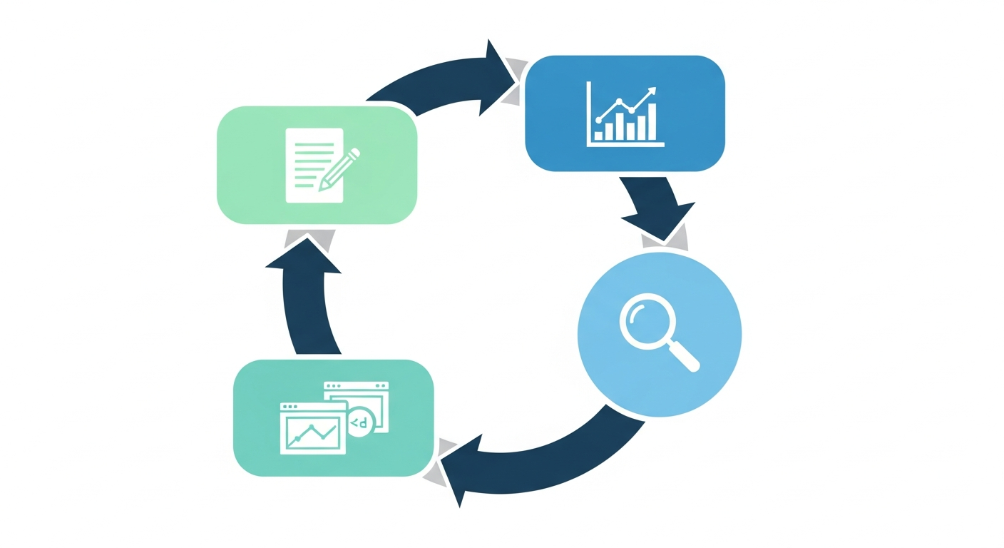 Diagram cyklu A/B testowania w e-commerce: planowanie, wdrożenie, analiza, iteracja