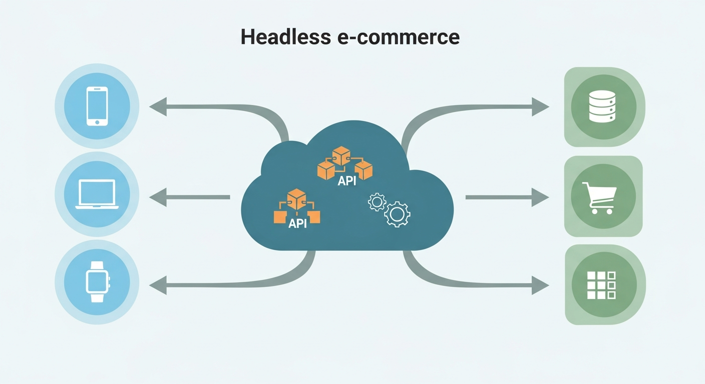 Schemat architektury headless e-commerce, pokazujący rozdzielenie front-endu od back-endu poprzez API.