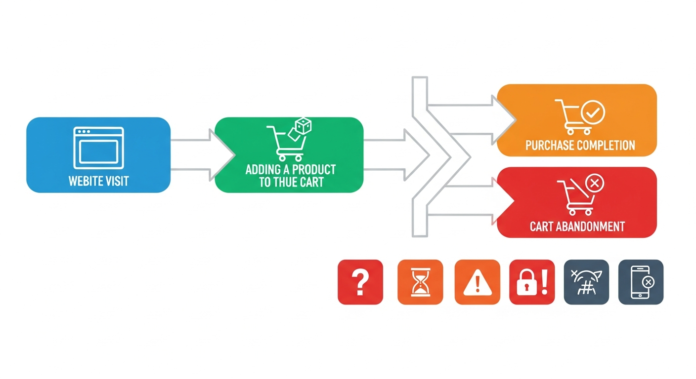 Jak zmniejszyć porzucenia koszyka: 15 sprawdzonych metod 1 Diagram przepływu ścieżki klienta w e-commerce i punkty porzucenia koszyka