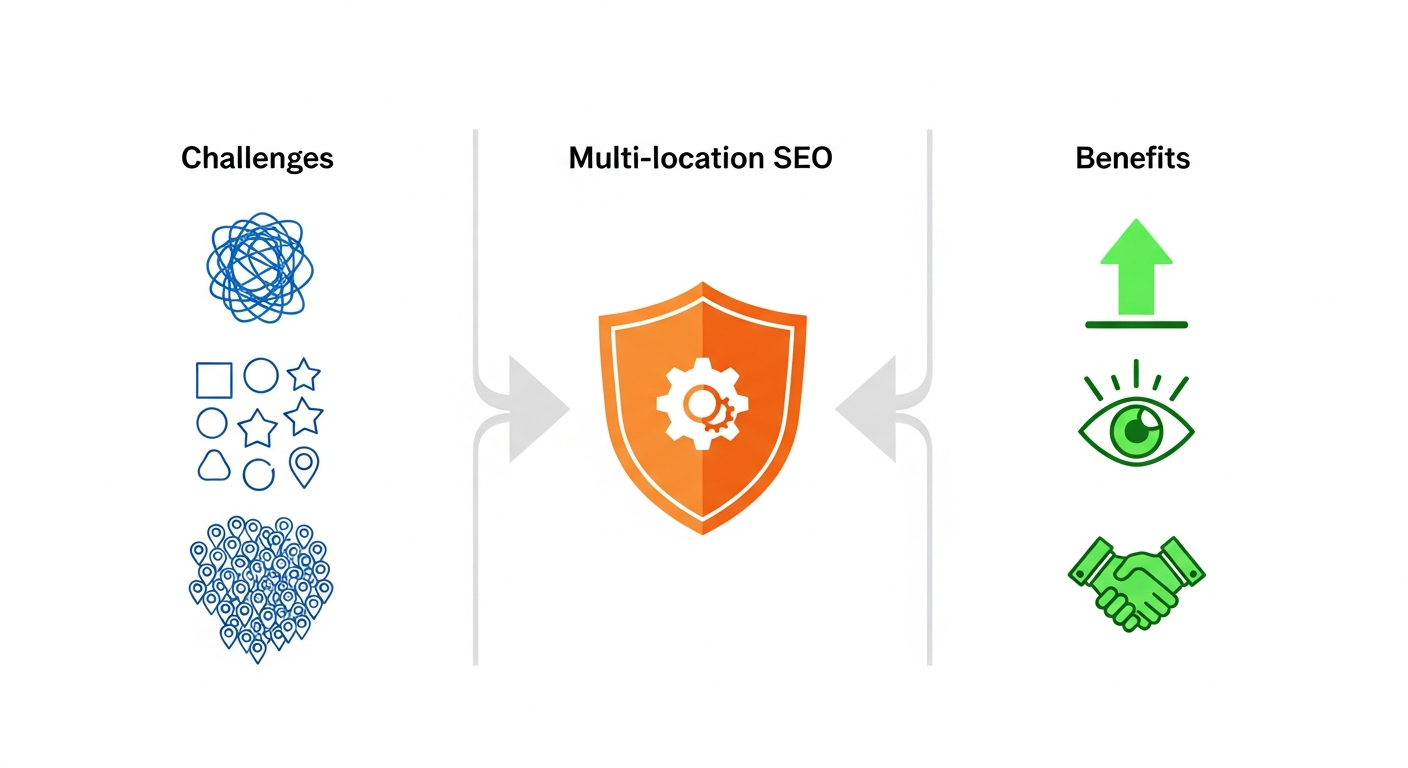 Diagram wyzwań i korzyści multi-location SEO