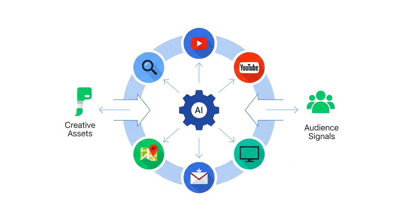 Diagram cyklu działania kampanii Performance Max na różnych kanałach Google