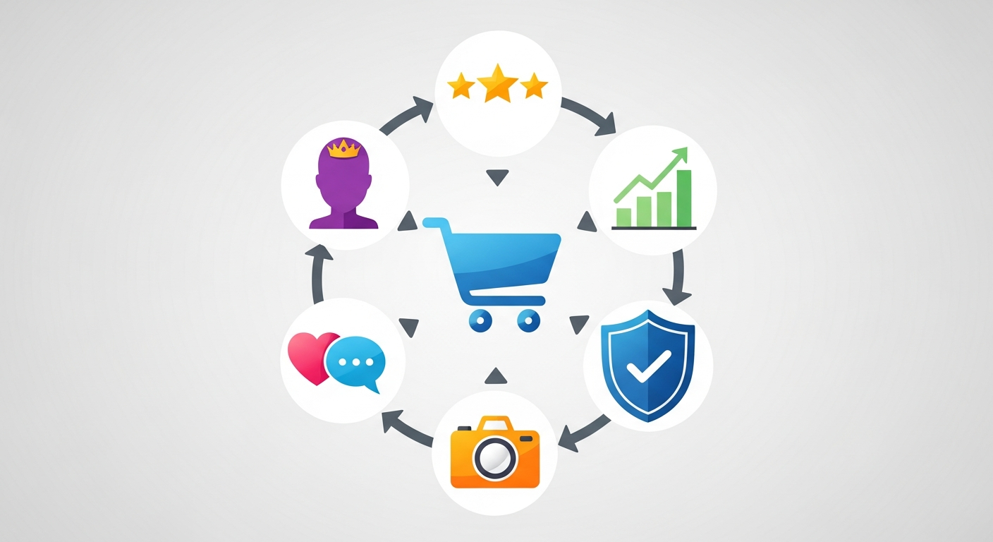 Diagram przedstawiający sześć kluczowych rodzajów social proof w e-commerce