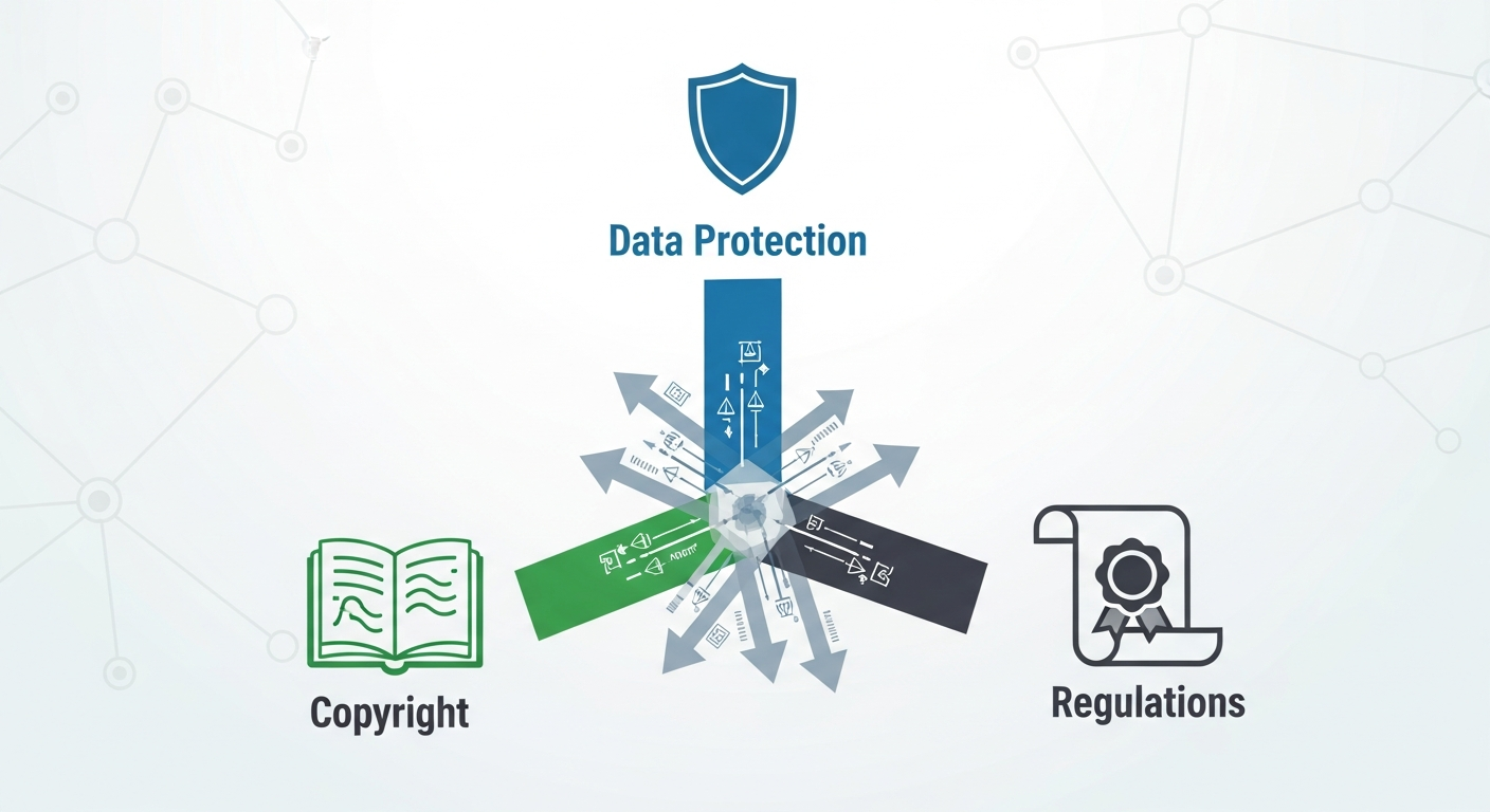 Spory prawne o dane w AI: granice i ryzyka dla marketerów 1 Diagram przedstawiający kluczowe regulacje prawne dla AI w marketingu: RODO, prawo autorskie i AI Act.