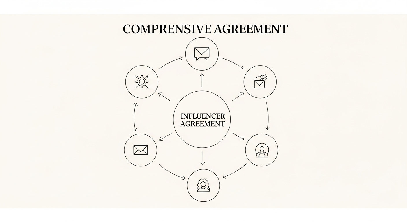 Influencer marketing a prawo: kompleksowy przewodnik 2 Infografika przedstawiająca kluczowe elementy kompleksowej umowy z influencerem.