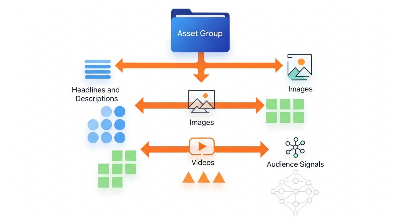 Infografika struktury grupy zasobów w Performance Max