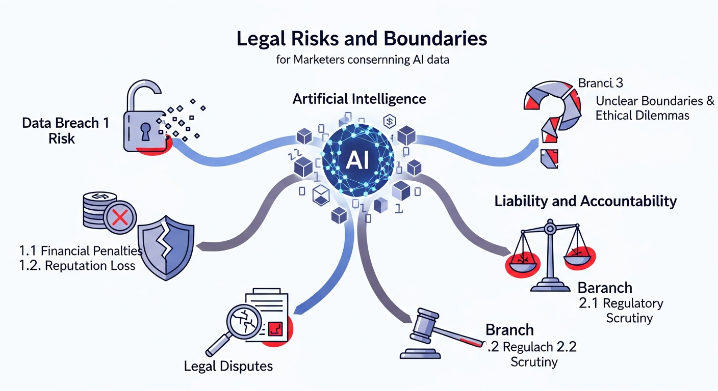 Spory prawne o dane w AI: granice i ryzyka dla marketerów 2 Infografika przedstawiająca główne ryzyka prawne związane z wykorzystaniem danych w AI marketingu.