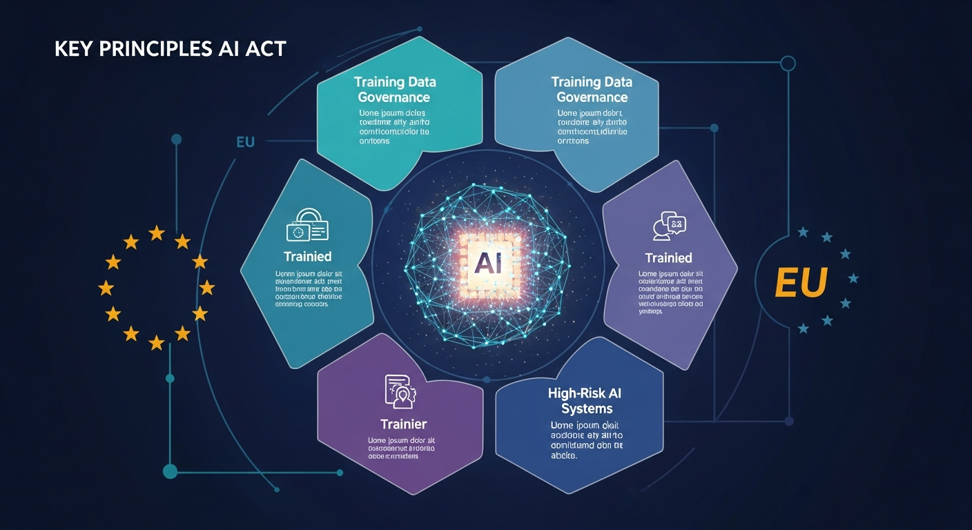 Infografika przedstawiająca kluczowe zasady AI Act dotyczące danych treningowych i systemów wysokiego ryzyka.
