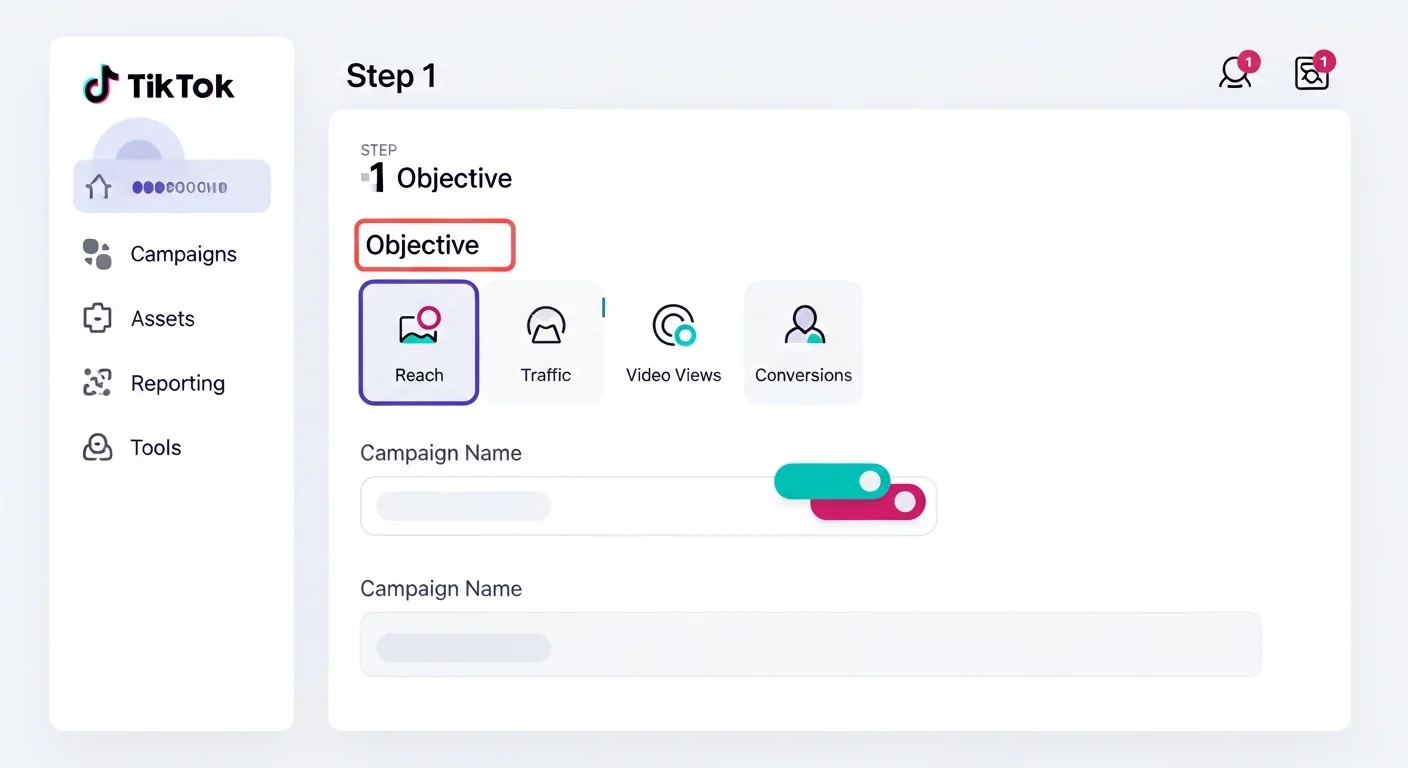 Zrzut ekranu z TikTok Ads Manager pokazujący narzędzia reklamowe