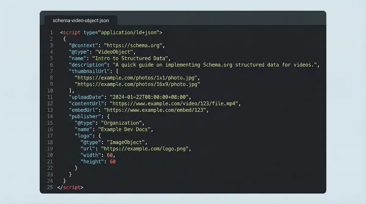 Jak wypozycjonować film z YouTube w Google: kompletny przewodnik 2 Schema VideoObject markup code