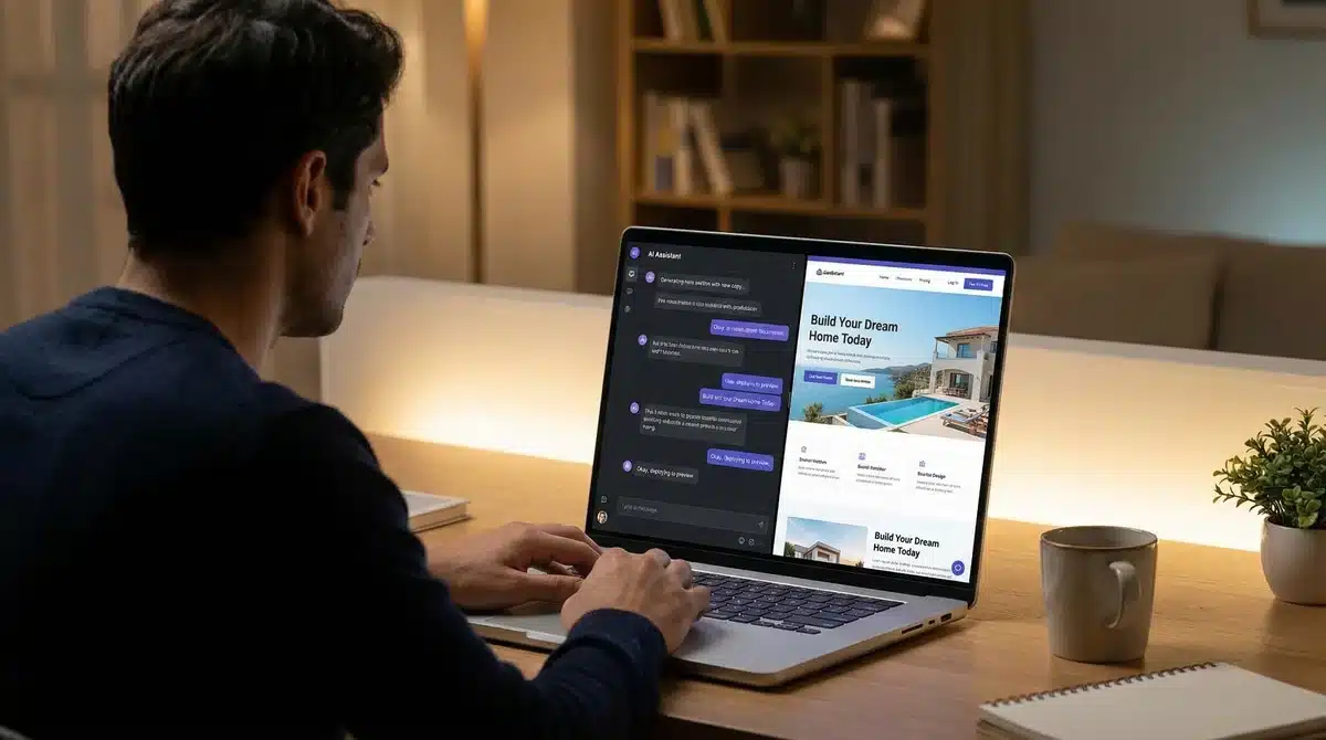 Co to jest Lovable AI? Jak działa i dlaczego rośnie najszybciej w Europie 1 Ekran laptopa z interfejsem Lovable AI podczas budowania strony