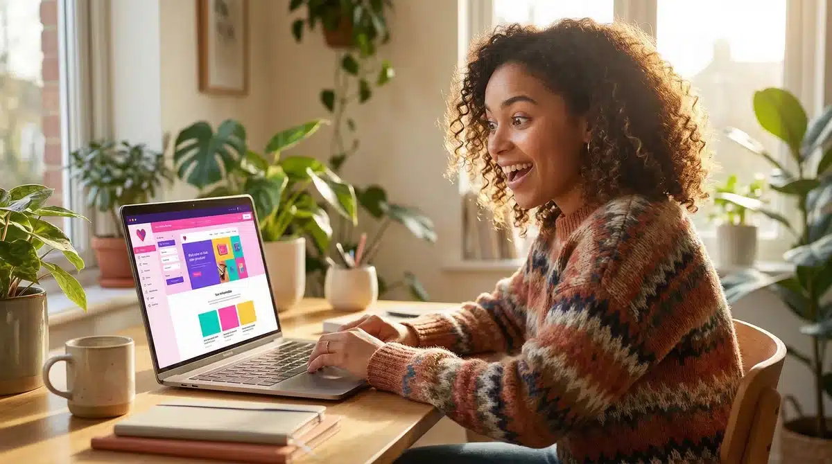 Kobieta przy laptopie tworzy stronę w Lovable AI