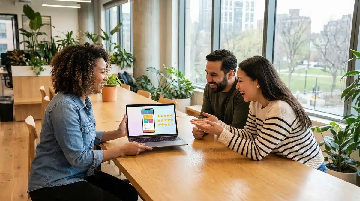 Zespół oglądający opinię o Lovable AI na laptopie