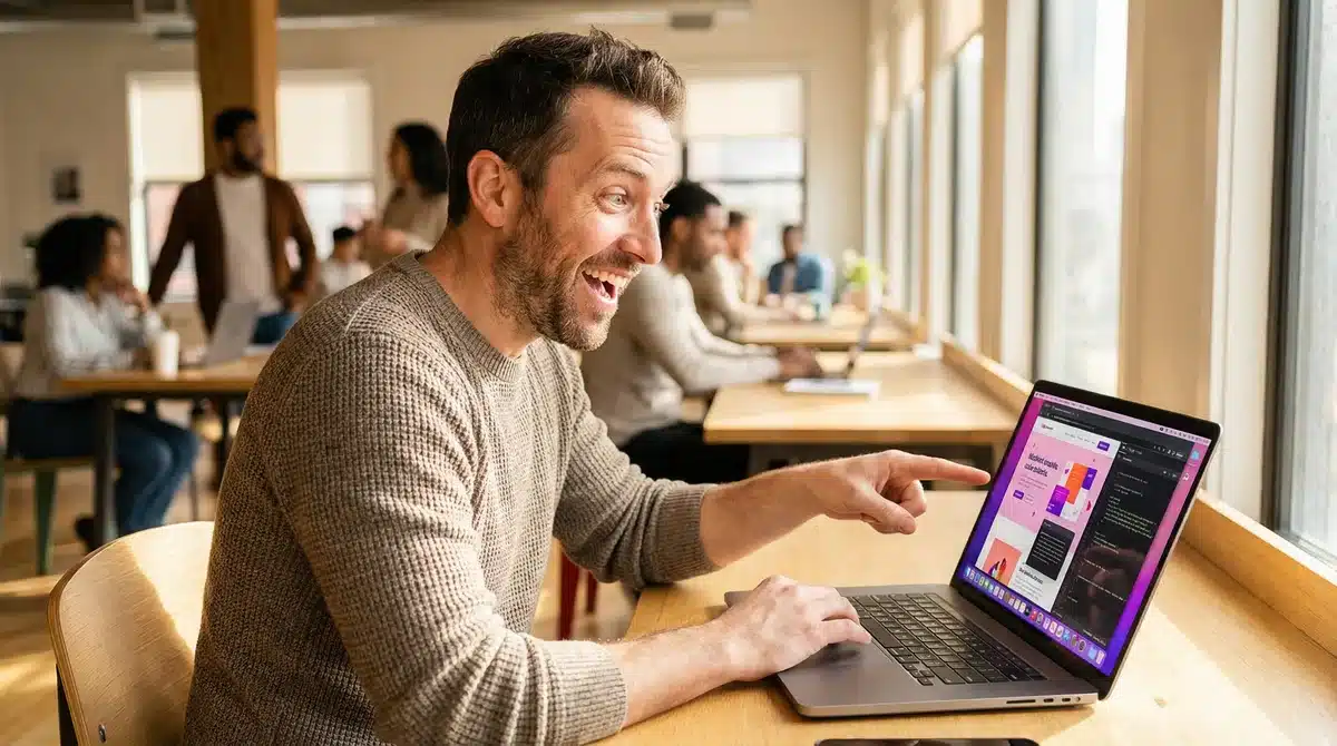 Mężczyzna tworzący stronę internetową w Lovable AI w co-working space